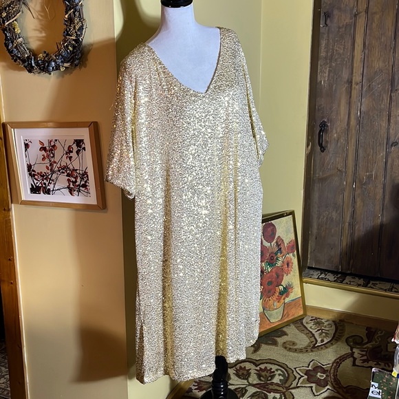 ASHLEY STEWART sz 26/28 Gold Sequin Dress VNeck Short-Sleeve Lined Party $70 NEW - Picture 5 of 16
